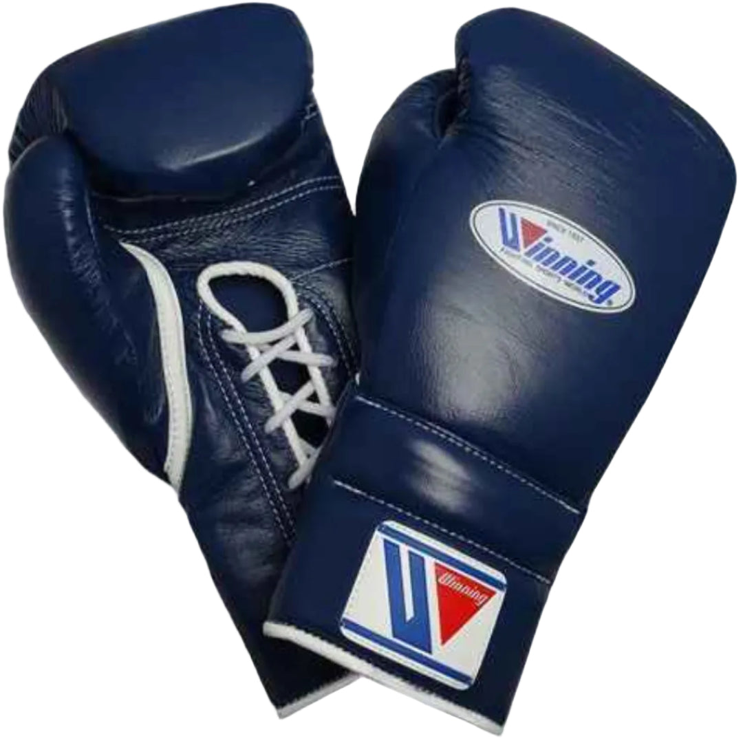 Pair of blue boxing gloves with a visible brand logo on a white background
