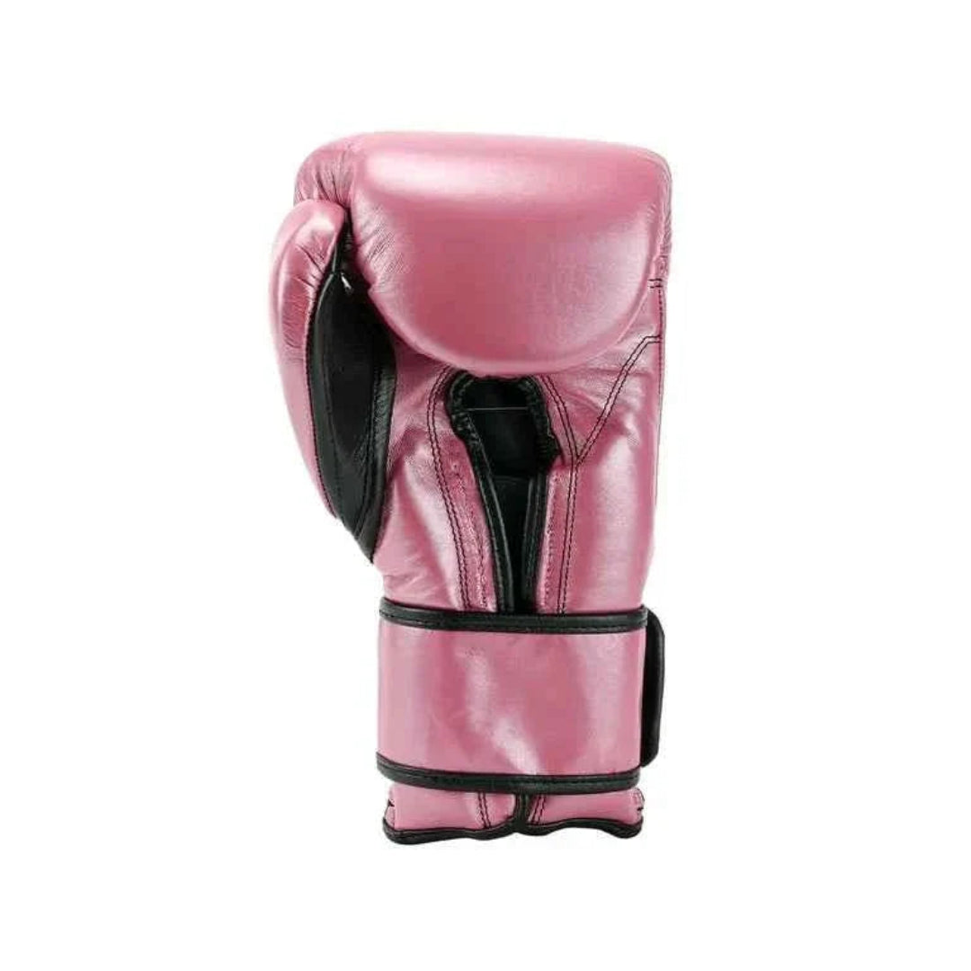 Pink boxing glove with black accents on a white background