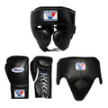 Black leather boxing gear set including a headguard, boxing gloves, and a waist guard, shown against a dark blue gradient background. Each piece features a white, red, and blue Vindory logo patch.