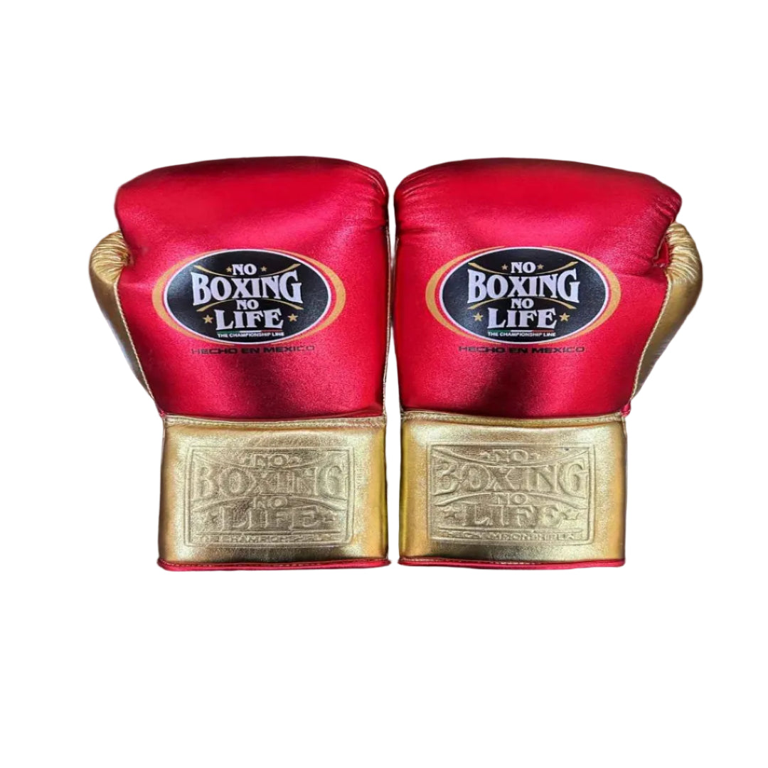 Red and gold boxing gloves with 'No Boxing No Life' branding on a wooden surface