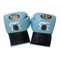 Pair of blue boxing gloves with black soles on a light background