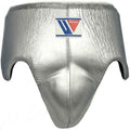 Silver protective gear with a logo on a white background