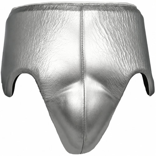 Silver protective gear with a logo on a white background