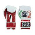 Red and white boxing gloves with Cleto Reyes logo on a white background