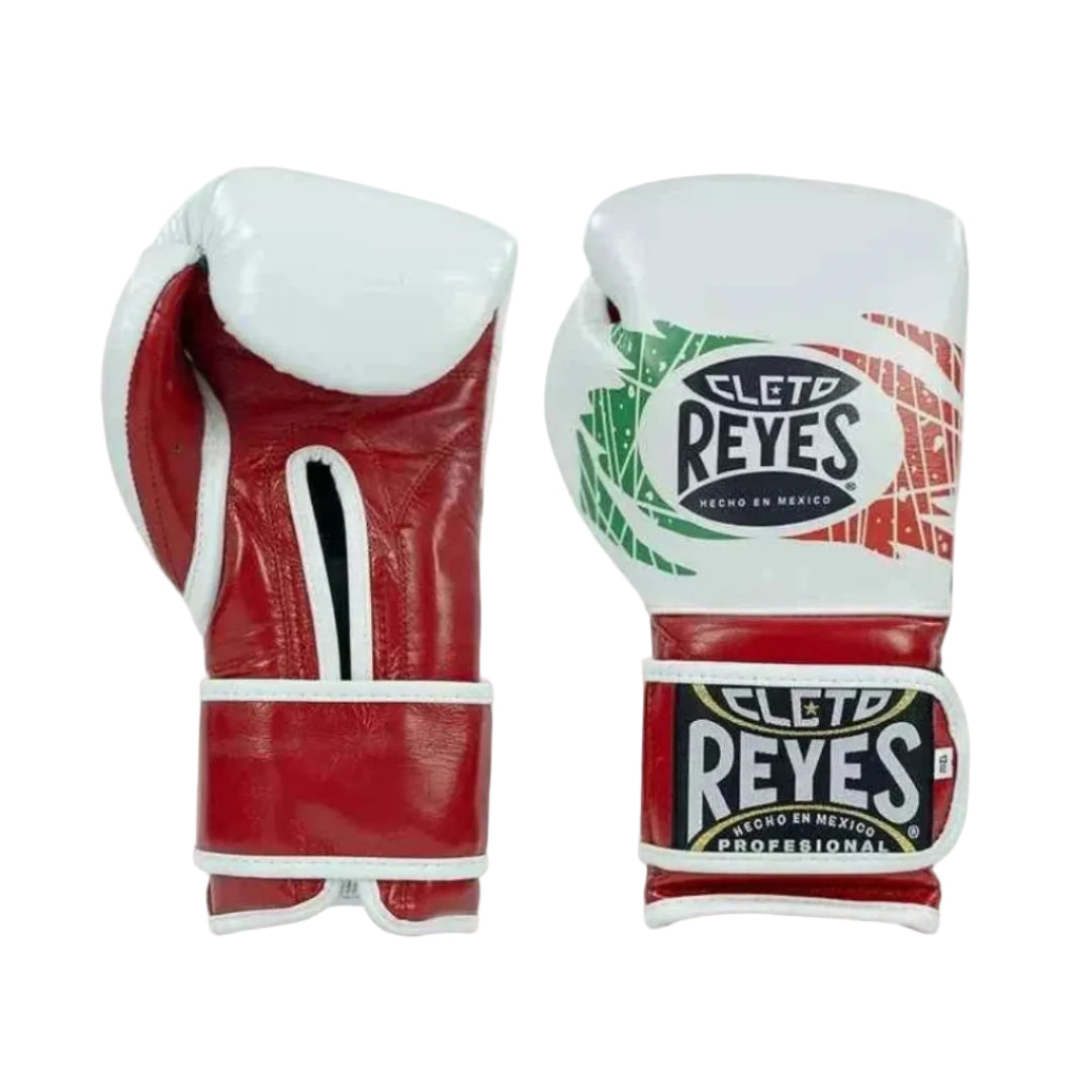Red and white boxing gloves with Cleto Reyes logo on a white background