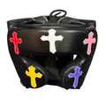 Black boxing glove with colorful cross designs on a gray background