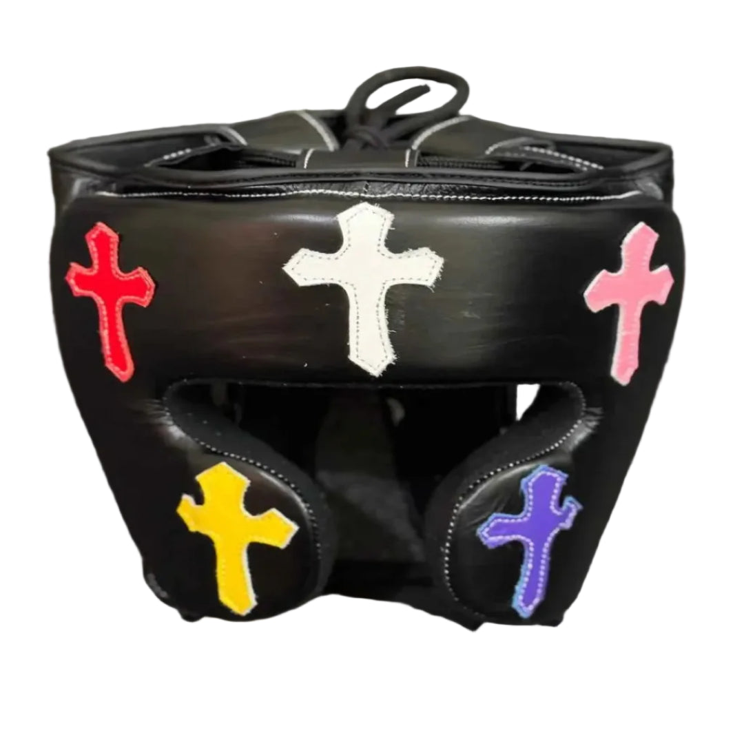 Black boxing glove with colorful cross designs on a gray background