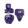 A set of purple boxing gear including a boxing glove, a headguard, and a chest protector, all featuring the Venum brand logo, displayed against a dark gradient background.