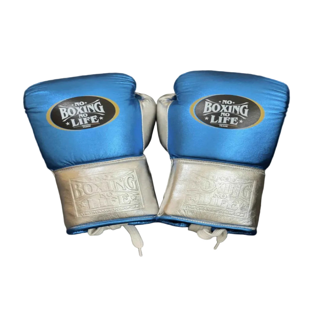 Pair of blue and silver boxing gloves with 'No Boxing for Life' branding on a dark background.