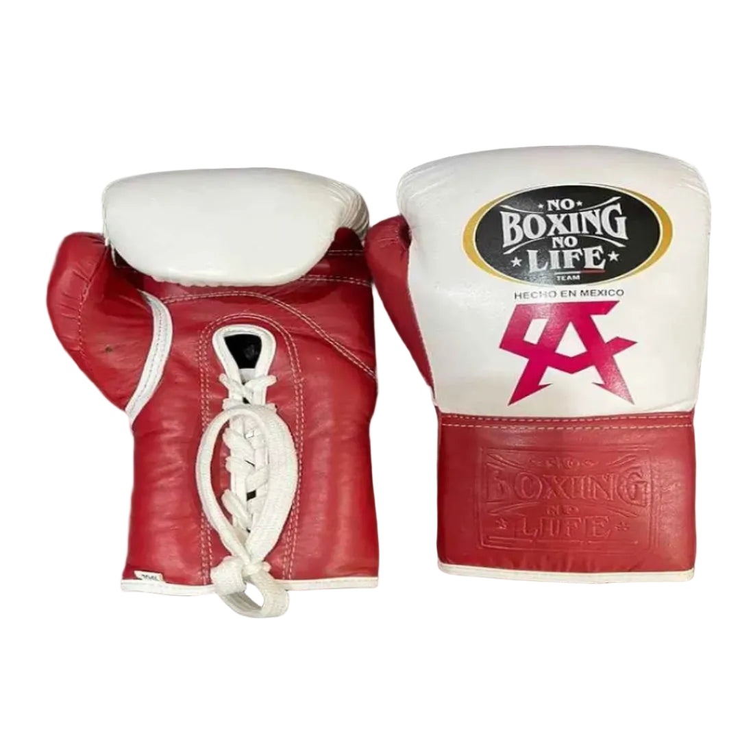 Red and white boxing gloves with 'No Boxing No Life' branding on a black background