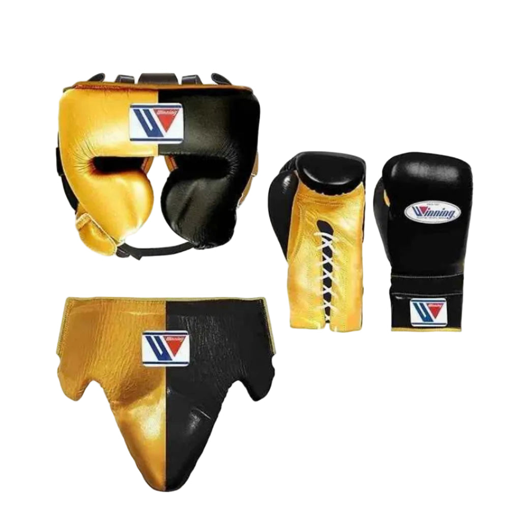 Boxing gear set including headgear, shin guards, and gloves with a visible brand logo on a white background.