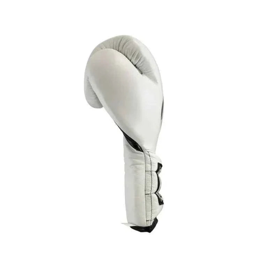 A single white boxing glove shown in profile against a plain white background.