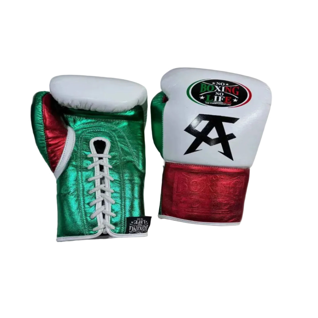 Pair of green and red boxing gloves with a brand logo on a white surface.