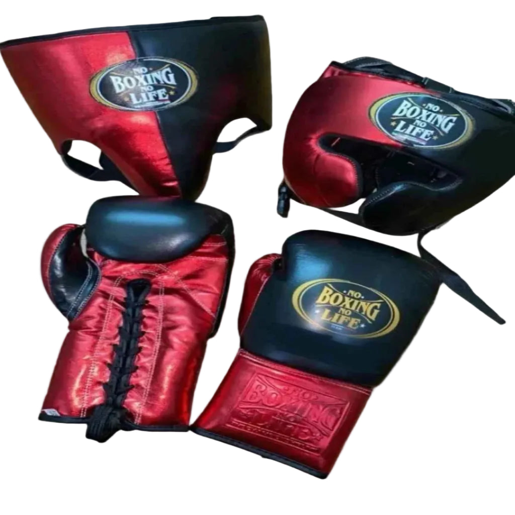 Red and black boxing gloves with 'Boxing Life' branding on a light gray background