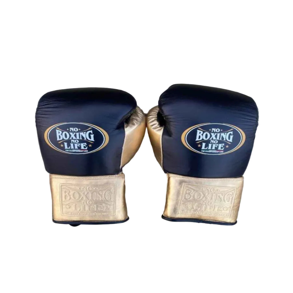 Pair of boxing gloves with 'No Boxing No Life' branding on a wooden surface