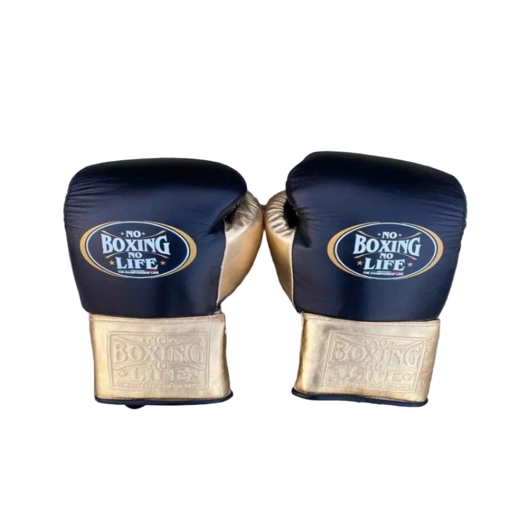 Pair of boxing gloves with 'No Boxing No Life' branding on a wooden surface