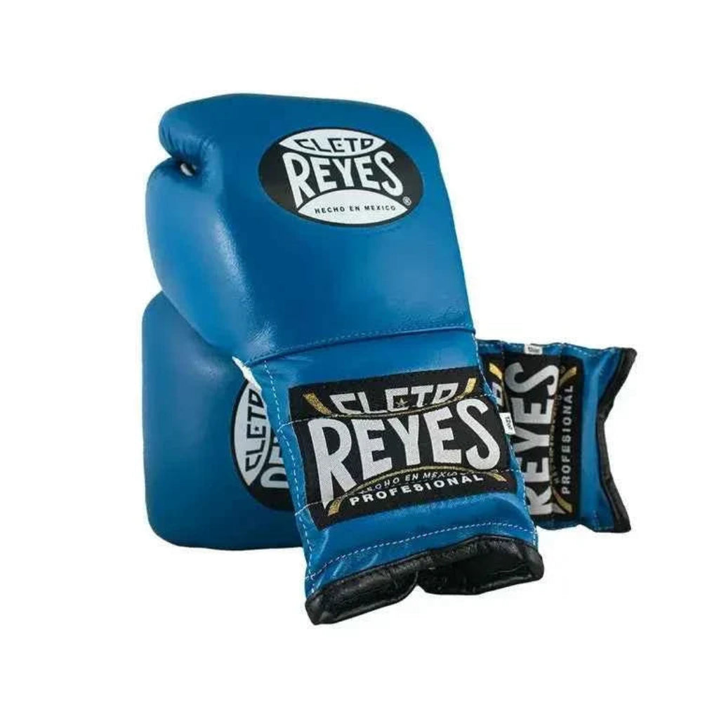 Blue boxing gloves with Cleto Reyes logo on a white background