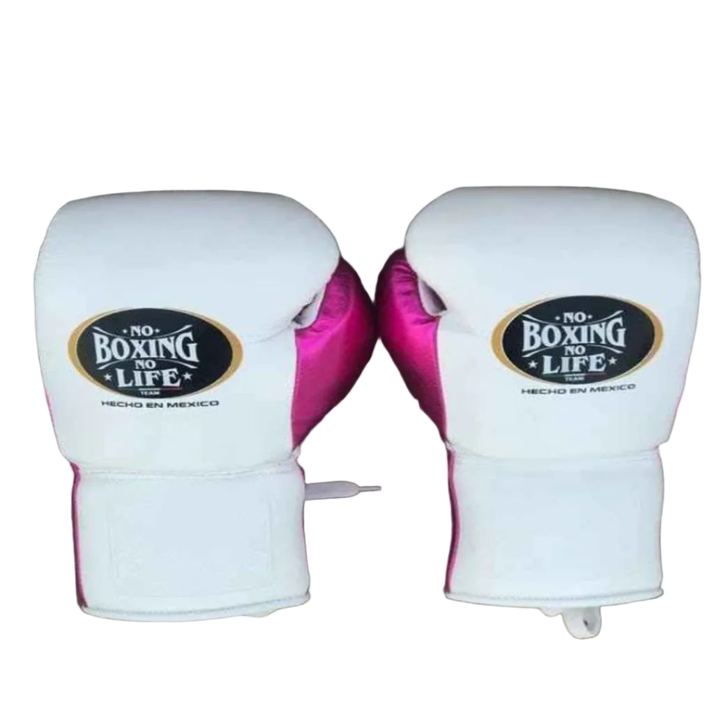 Pair of white and pink boxing gloves with 'No Boxing No Life' logo on a wooden surface