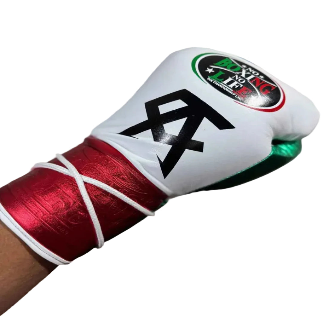 Boxing glove with red wrap and visible brand logo on a blurred background