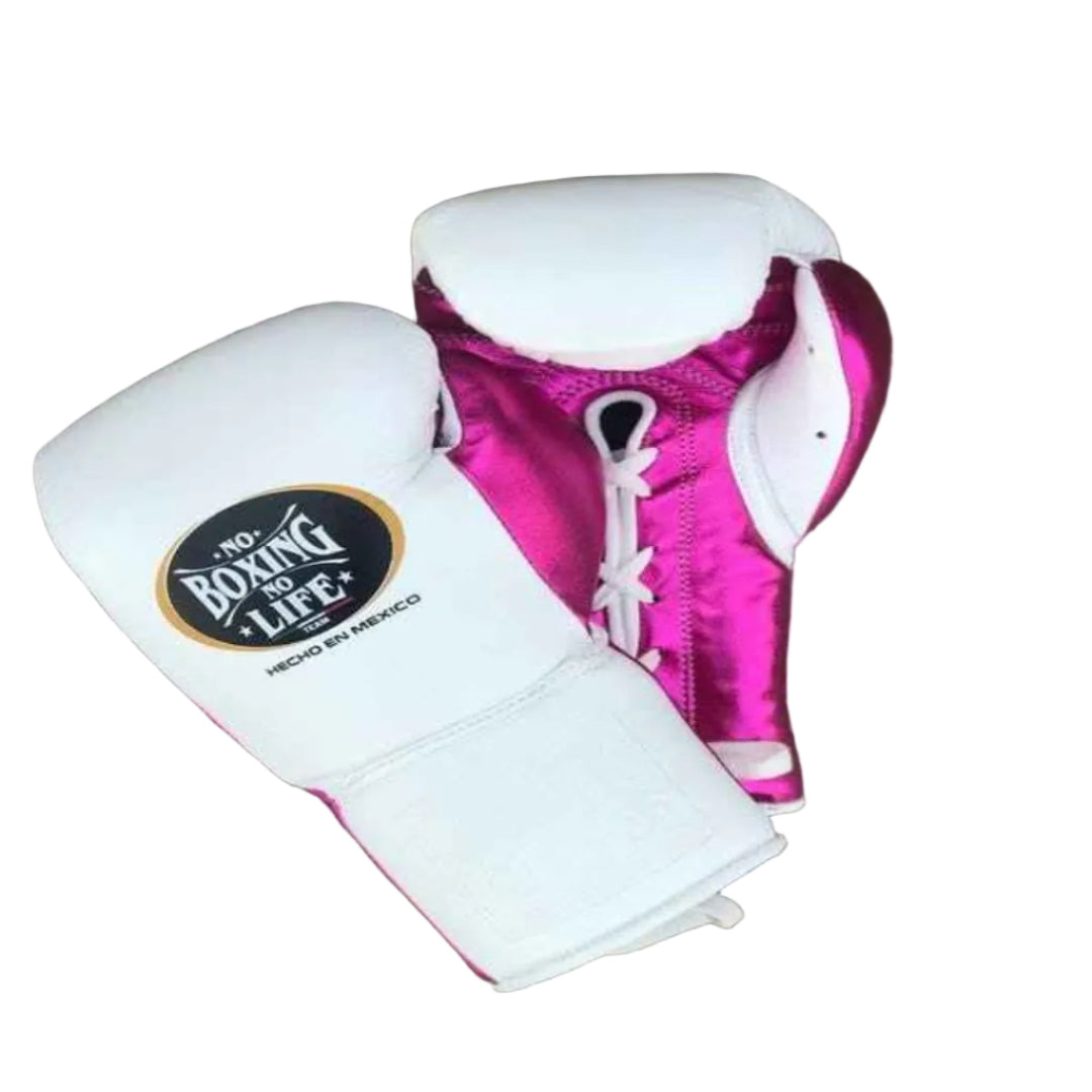 Pair of pink and white boxing gloves with 'No Boxing Like' logo on a wooden surface