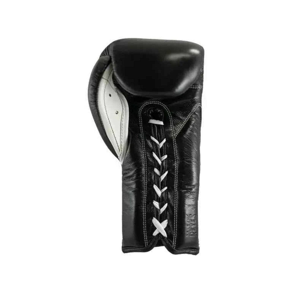 Black boxing glove with white laces on a white background