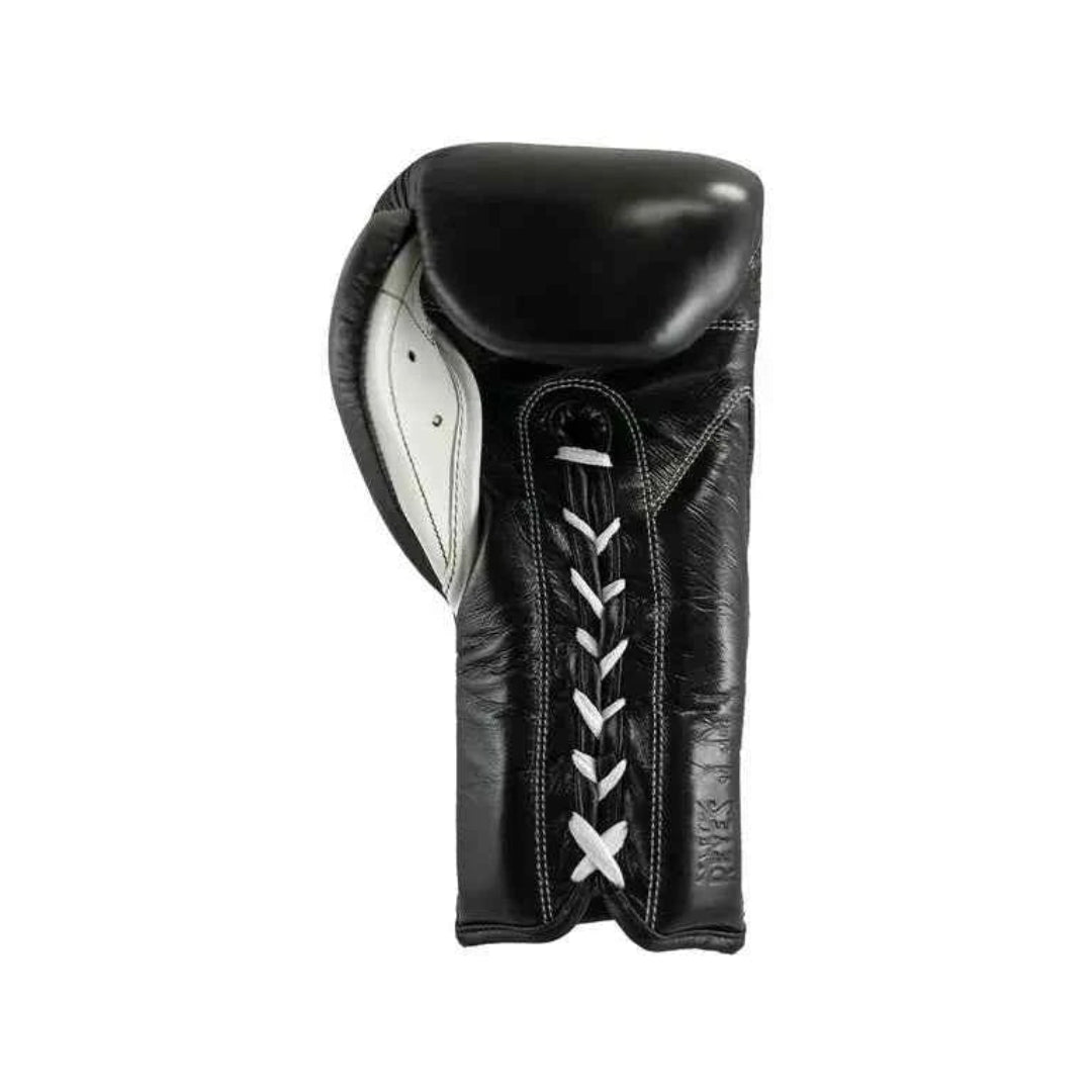 Black boxing glove with white laces on a white background