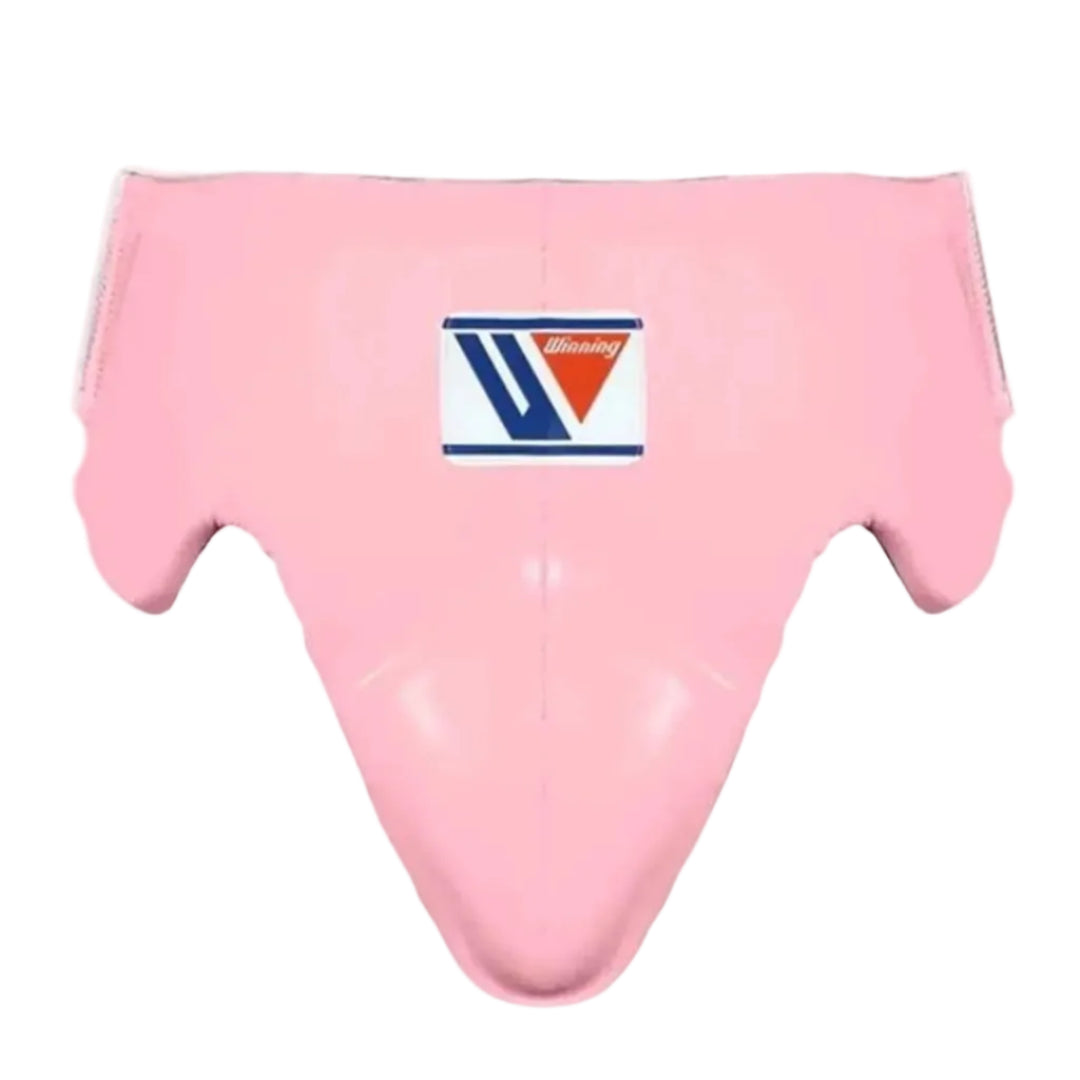 Pink protective gear with a logo on a gray background