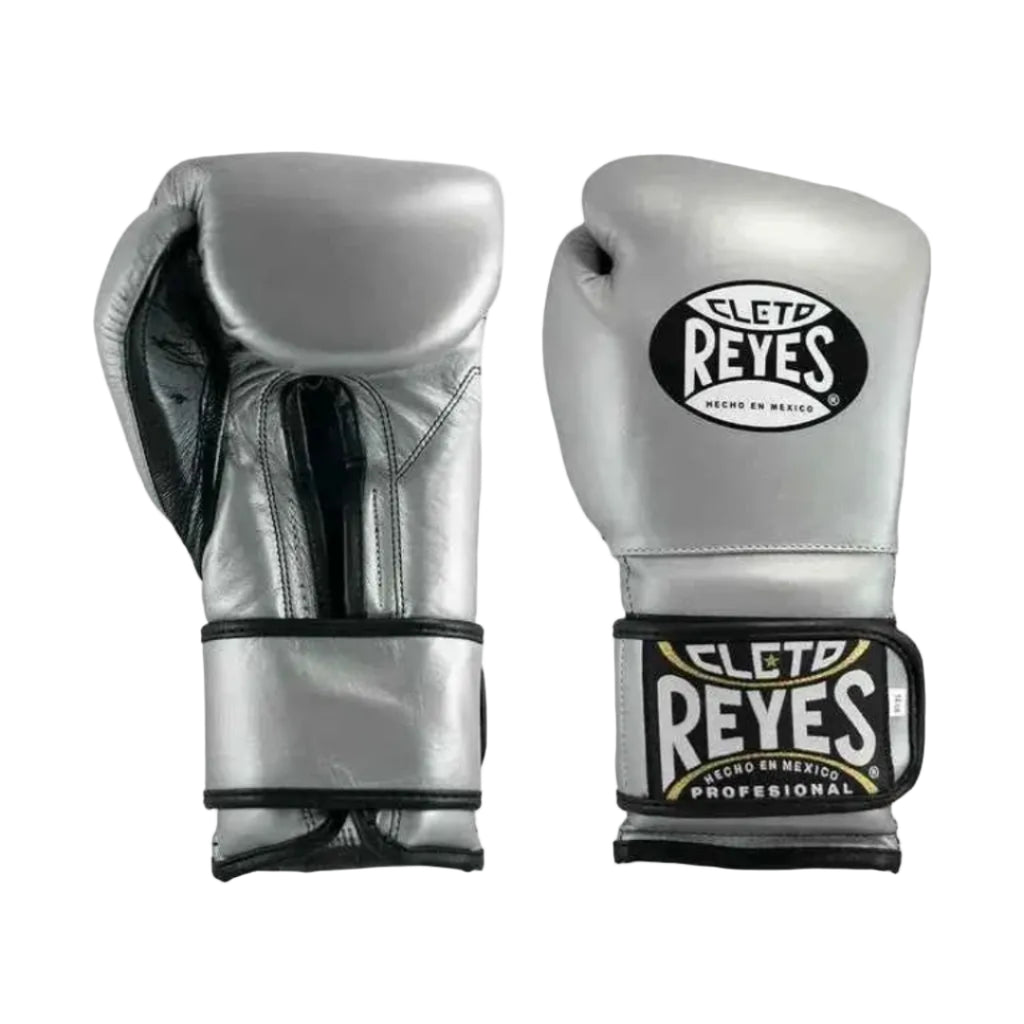 Silver boxing gloves with Cleto Reyes logo on a white background