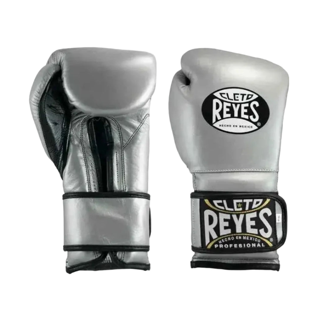 Silver boxing gloves with Cleto Reyes logo on a white background