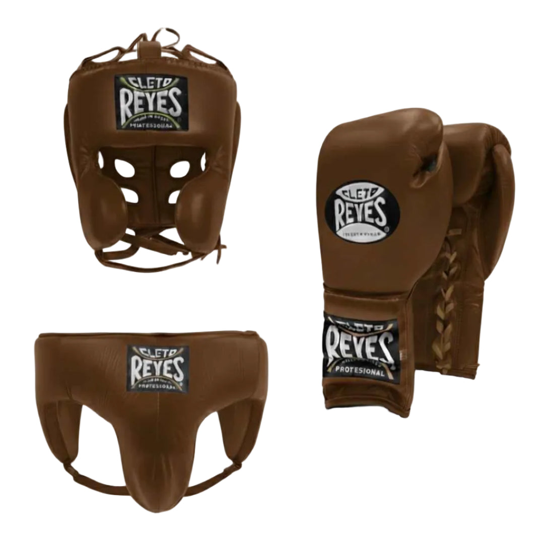 Brown boxing gear set including headgear, gloves, and shin guards with 'Cleto Reyes' branding on a white background.