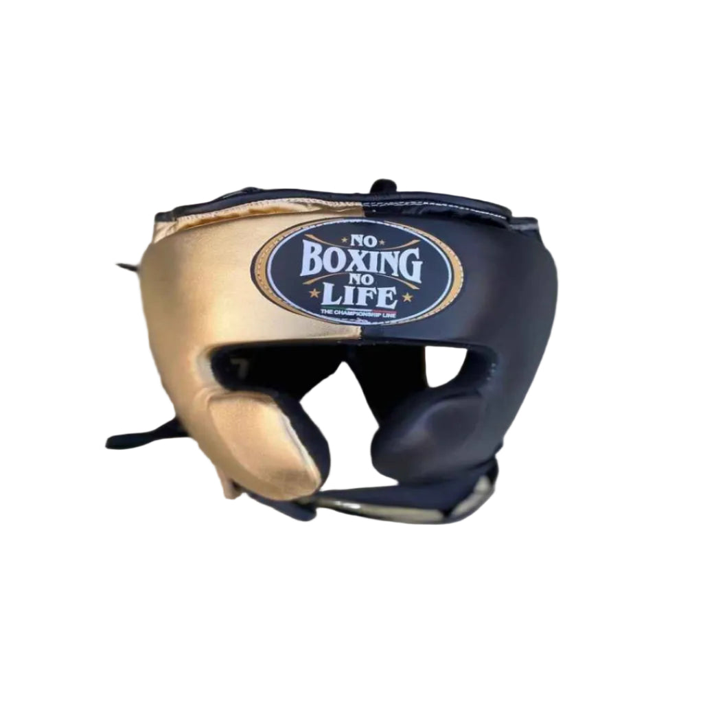 Boxing headgear with 'No Boxing No Life' logo on a wooden surface