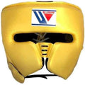 Yellow boxing headgear with a visible brand logo on a white background