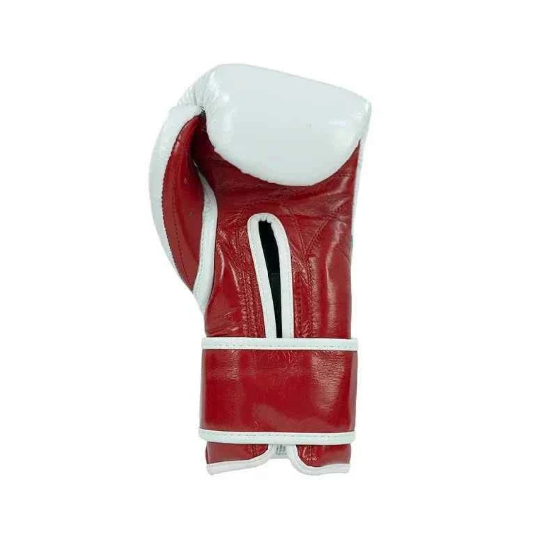 Red boxing glove with white accents on a white background