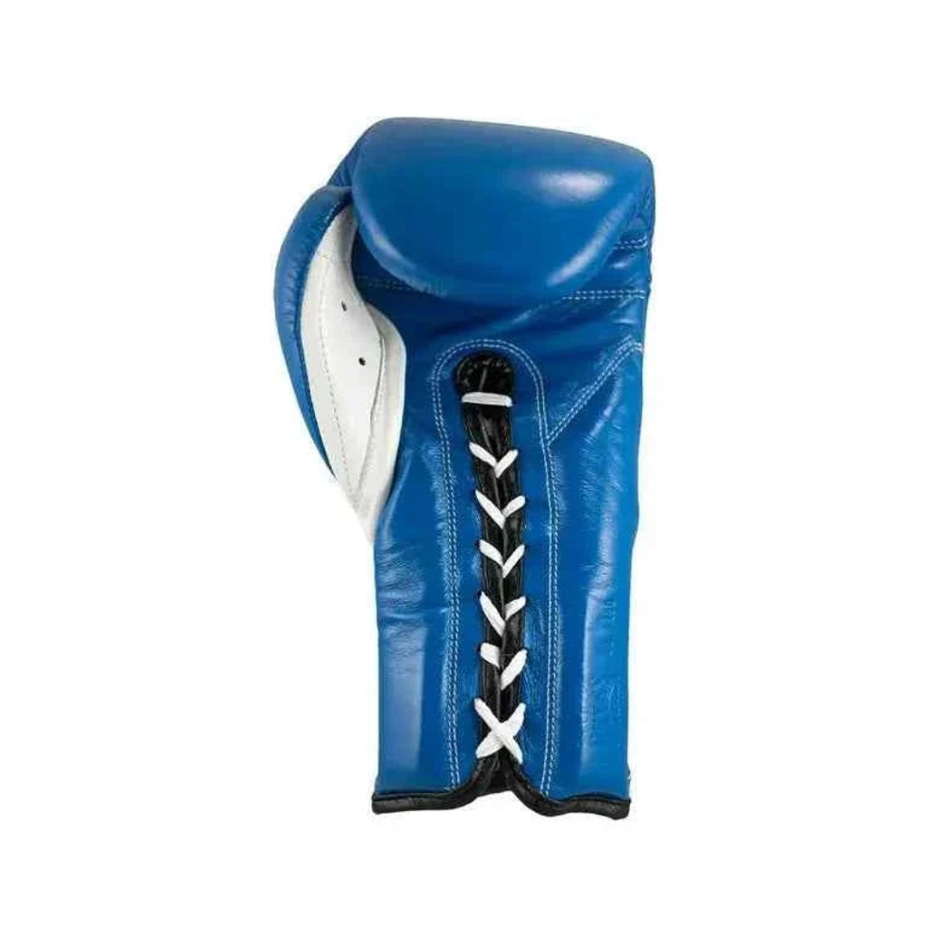 Blue boxing glove with white laces on a white background