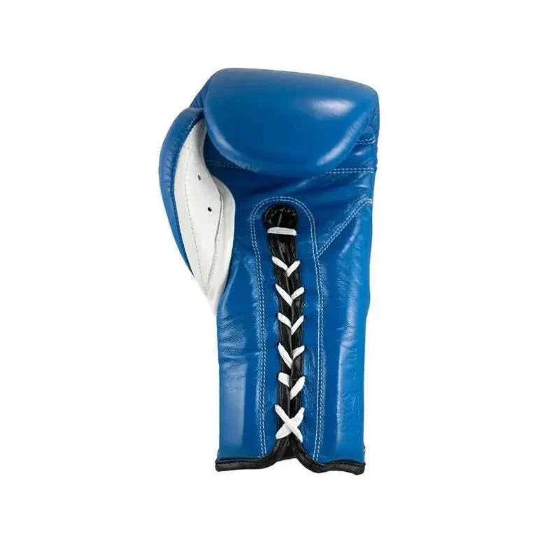 Blue boxing glove with white laces on a white background