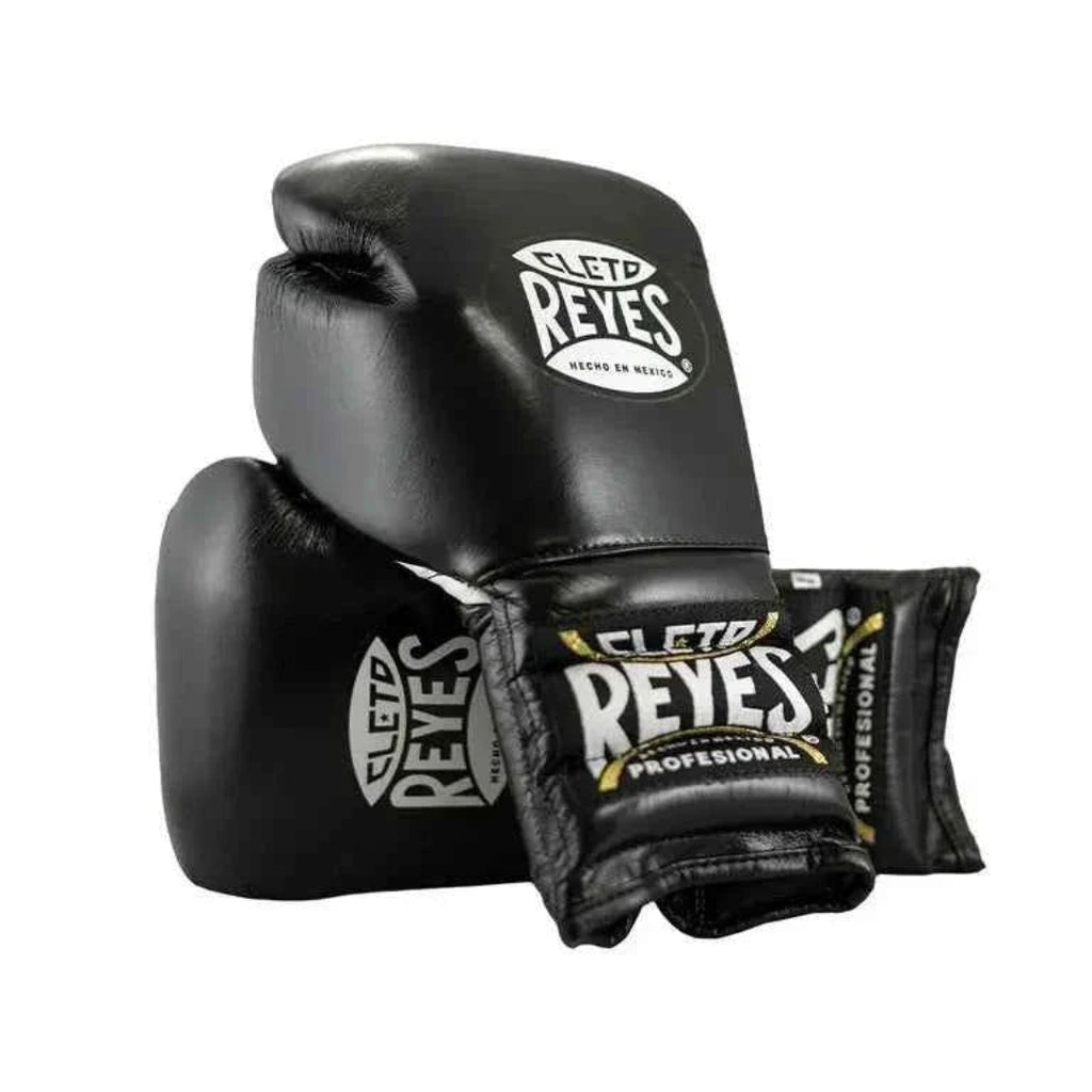 Black boxing gloves with Cleto Reyes logo on a white background