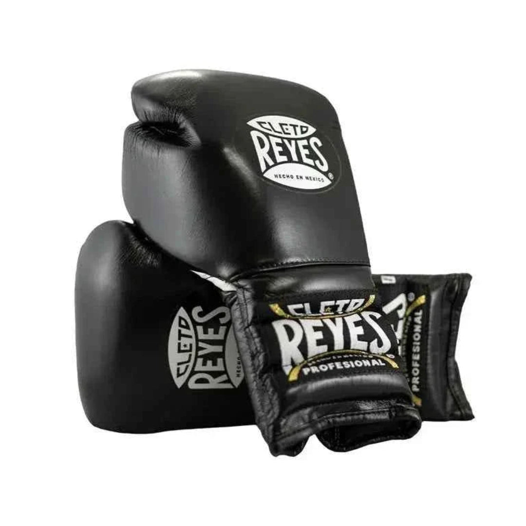 Black boxing gloves with Cleto Reyes logo on a white background