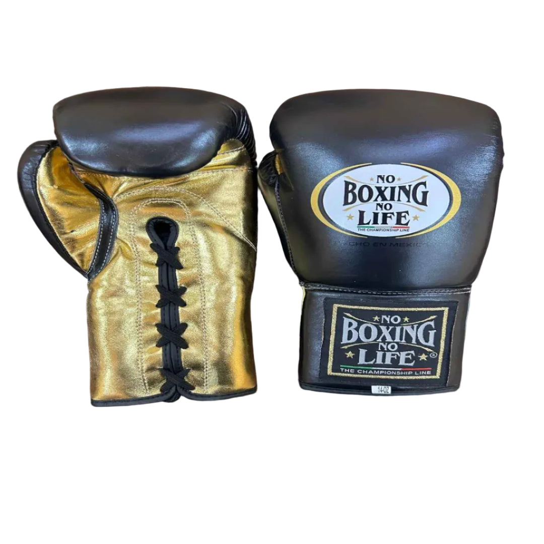 Pair of boxing gloves with 'No Boxing No Life' branding on a wooden surface