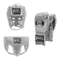 Cleto Reyes boxing headgear, chest protector, and gloves on a white background