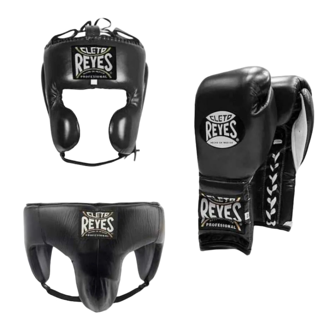 Cleto Reyes boxing headgear and gloves on a white background