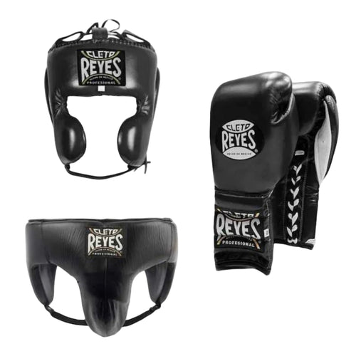 Cleto Reyes boxing headgear and gloves on a white background