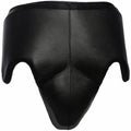 Black protective gear with a logo on a white background