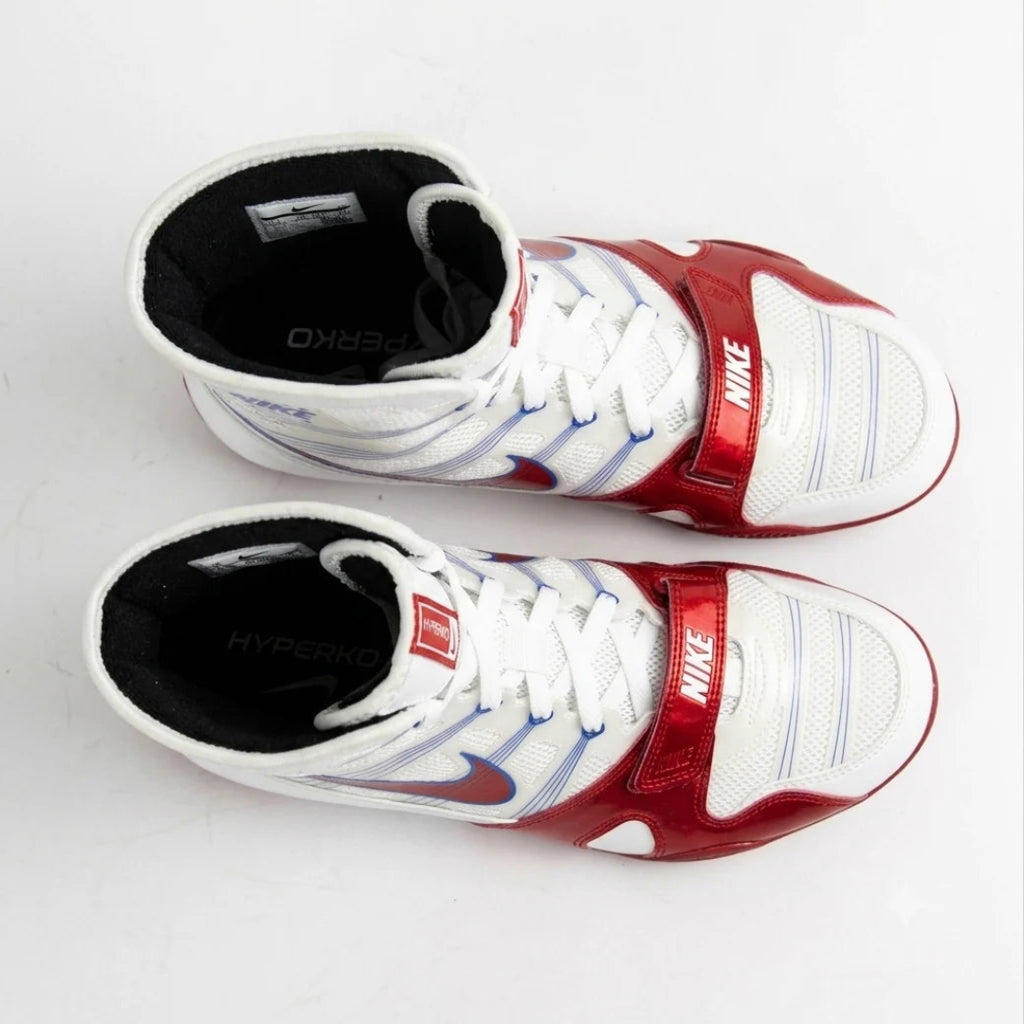 A pair of Nike Hyperion running shoes in white, red, and blue, displayed on a light gray background.