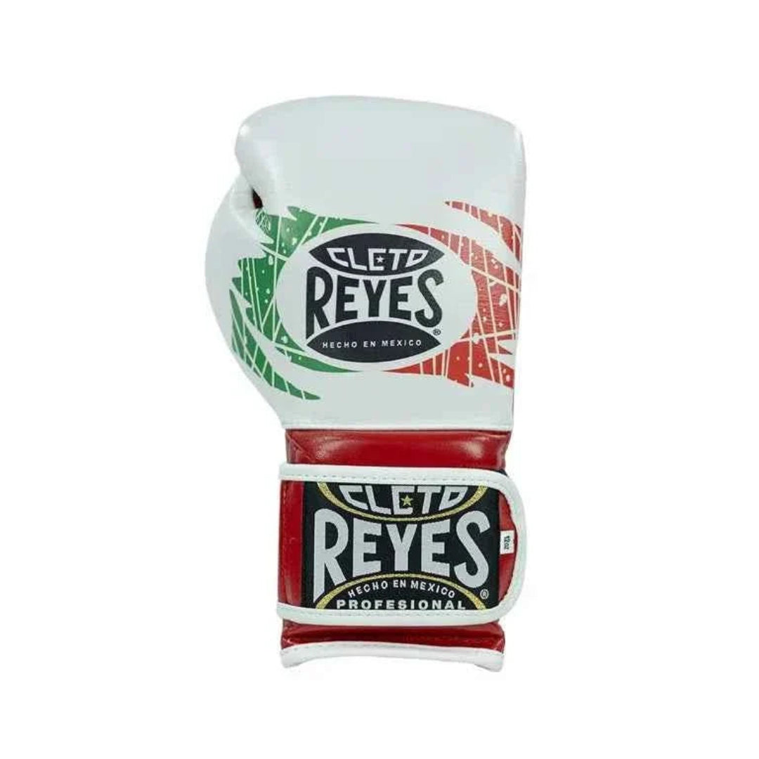 Cleto Reyes boxing glove with green, white, and red design on a white background