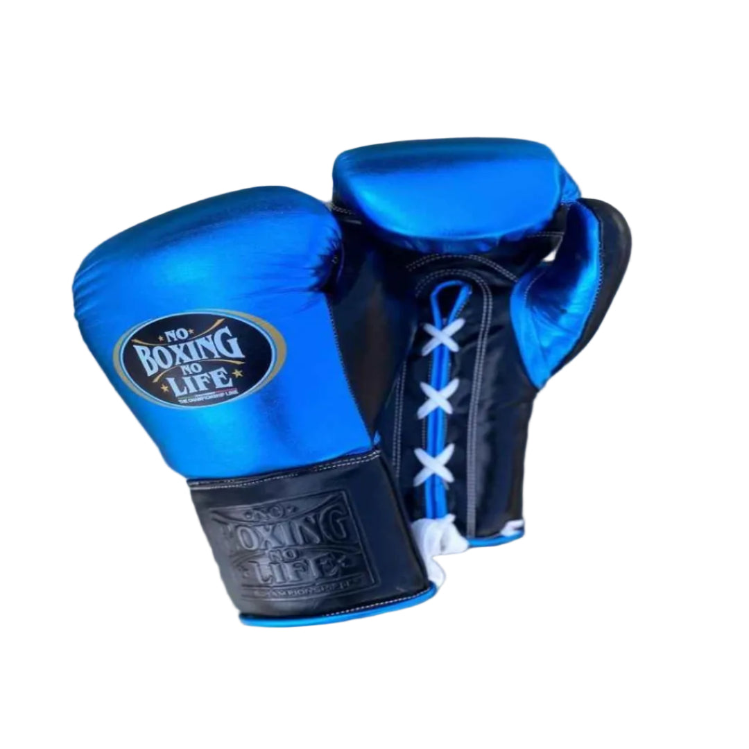 Blue boxing gloves with black accents on a wooden surface