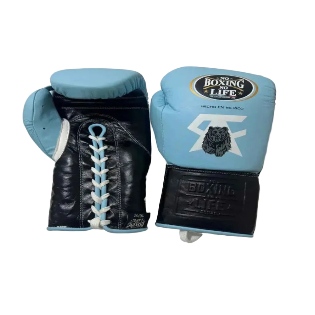 Pair of boxing gloves with 'Boxing Life' branding on a white surface.
