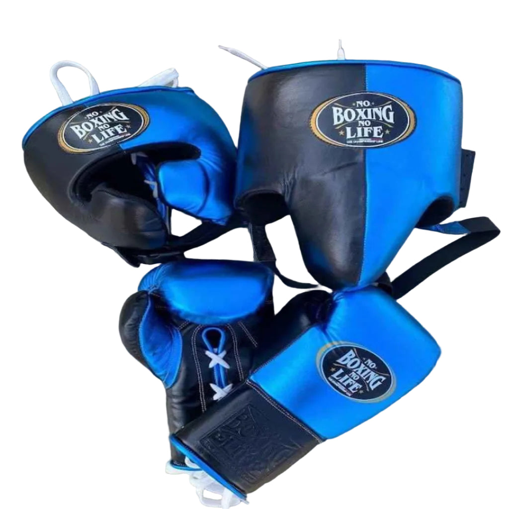 Blue and black boxing gloves with 'Boxing Life' branding on a wooden surface
