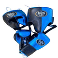 Blue and black boxing gloves with 'Boxing Life' branding on a wooden surface