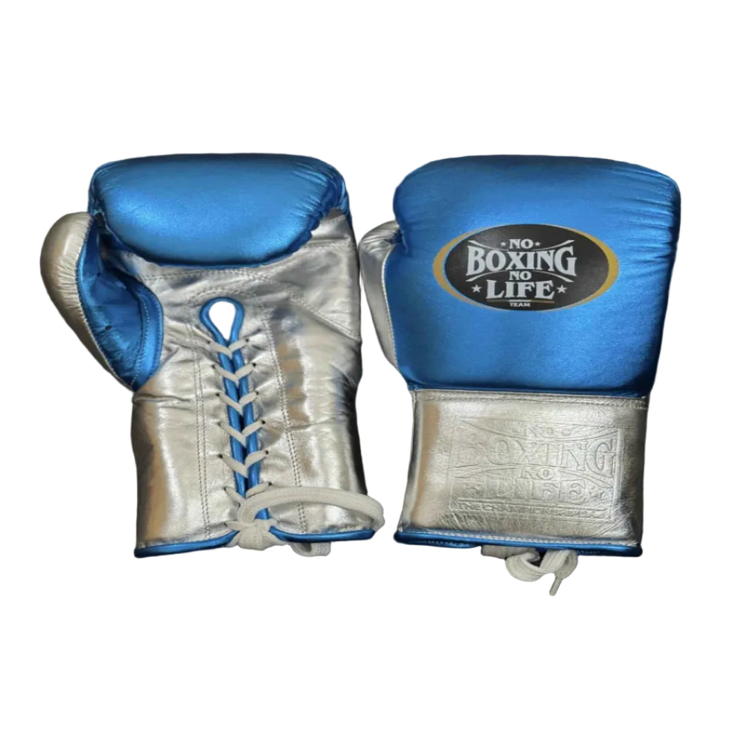 Pair of blue and silver boxing gloves on a dark background