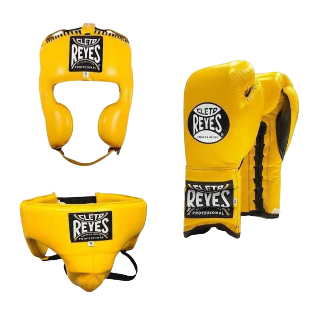 Yellow boxing gear set including headgear, chest protector, and gloves with 'Cleto Reyes' branding on a white background.